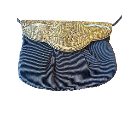 Vintage Black Evening Clutch With Gold Beaded Detail & Magnetic Snap Closure - Picture 2 of 5